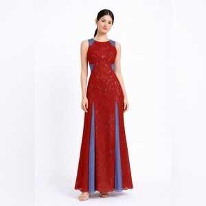 BCBGMAXAZRIA Red Blue Lace Maxi Gown Elegant Formal Old Money 6